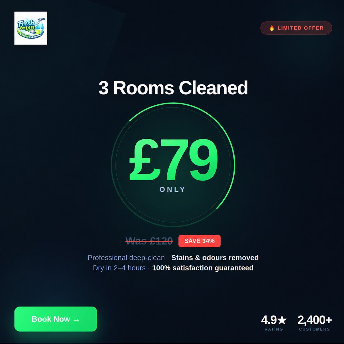 3 Rooms Cleaned For Just £79 — Was £120, Save 34%. Fresh For Less Carpet Cleaning